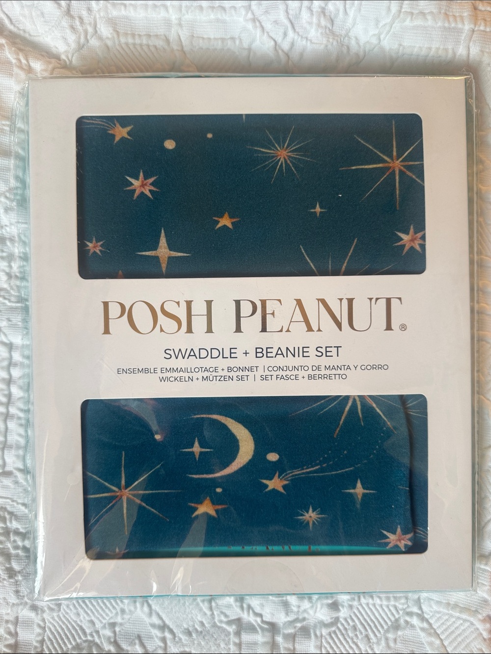 Posh Peanut Navy and Gold Celestial Swaddle + Beanie Set